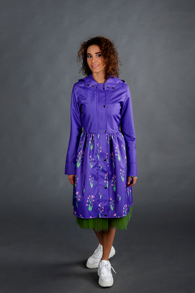 Purple raincoat with Cyclamen printed skirt / Dress cut