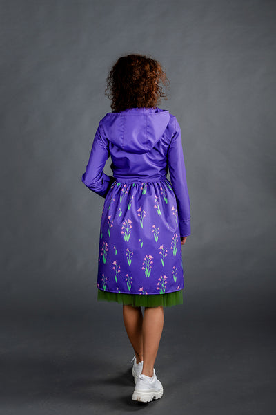 Purple raincoat with Cyclamen printed skirt / Dress cut