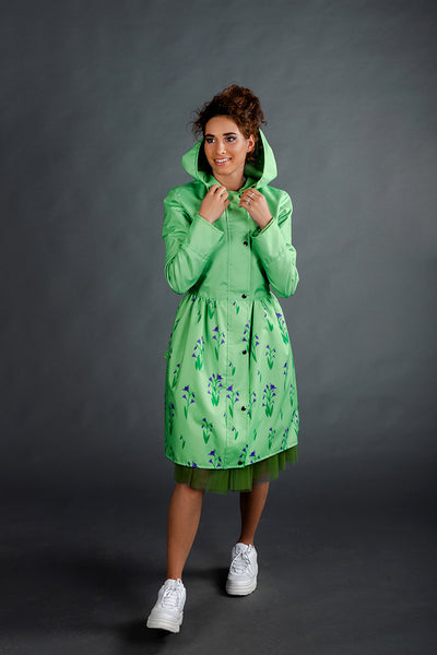 Light Green raincoat with Cyclamen printed skirt / Dress cut