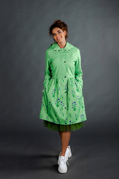 Light Green raincoat with Cyclamen printed skirt / Dress cut