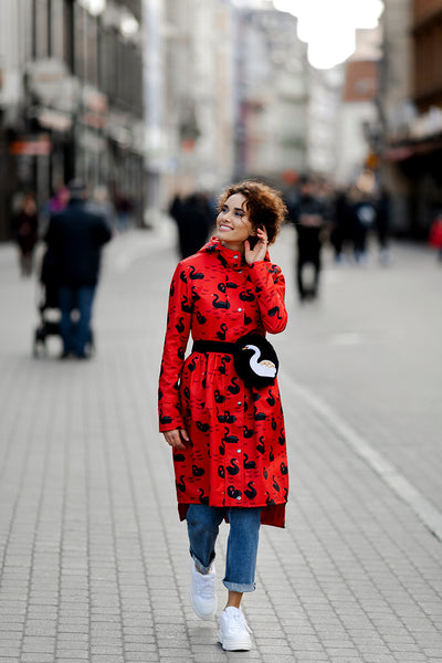 Red raincoat with Black Swans print  / Tale