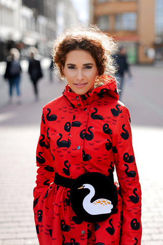 Red raincoat with Black Swans print  / Tale