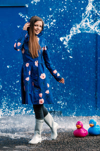 Blue raincoat with Flower print / Dress cut