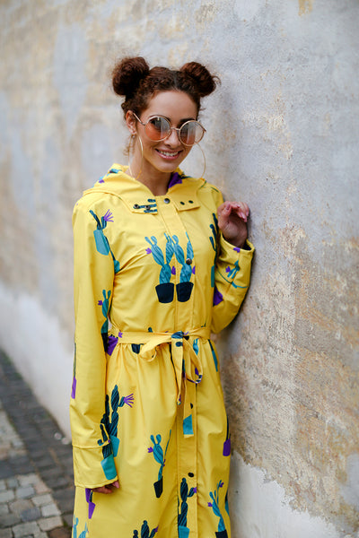 Yellow softshell raincoat with Cactus print / Long skirt