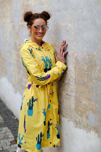 Yellow softshell raincoat with Cactus print / Long skirt